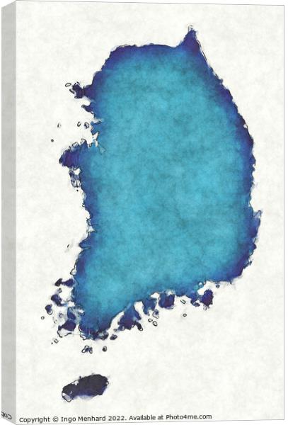South Korea map with drawn lines and blue watercolor illustratio Canvas Print by Ingo Menhard