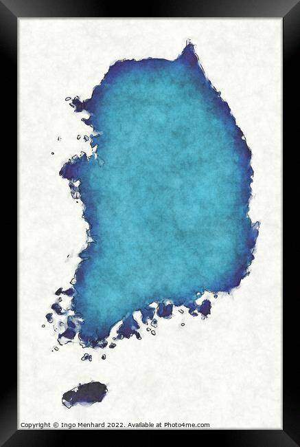 South Korea map with drawn lines and blue watercolor illustratio Framed Print by Ingo Menhard