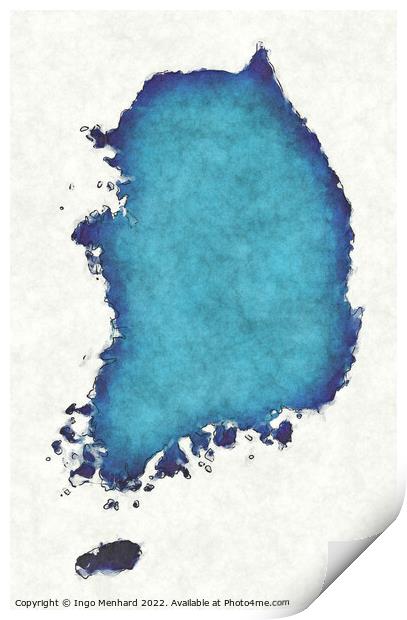 South Korea map with drawn lines and blue watercolor illustratio Print by Ingo Menhard
