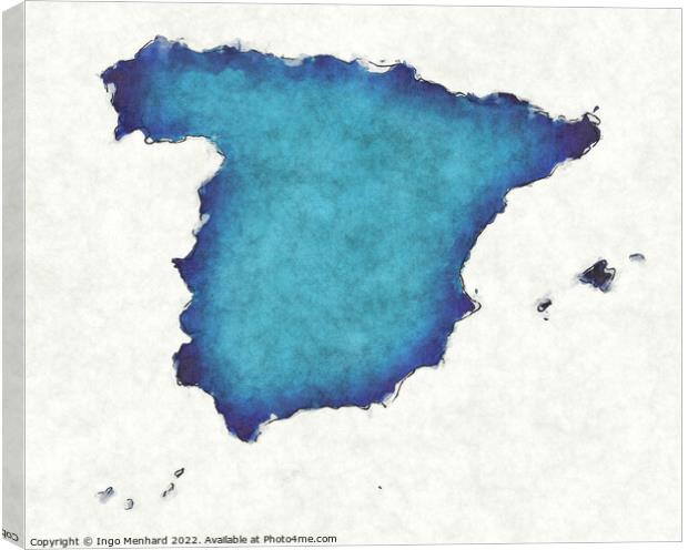 Spain map with drawn lines and blue watercolor illustration Canvas Print by Ingo Menhard