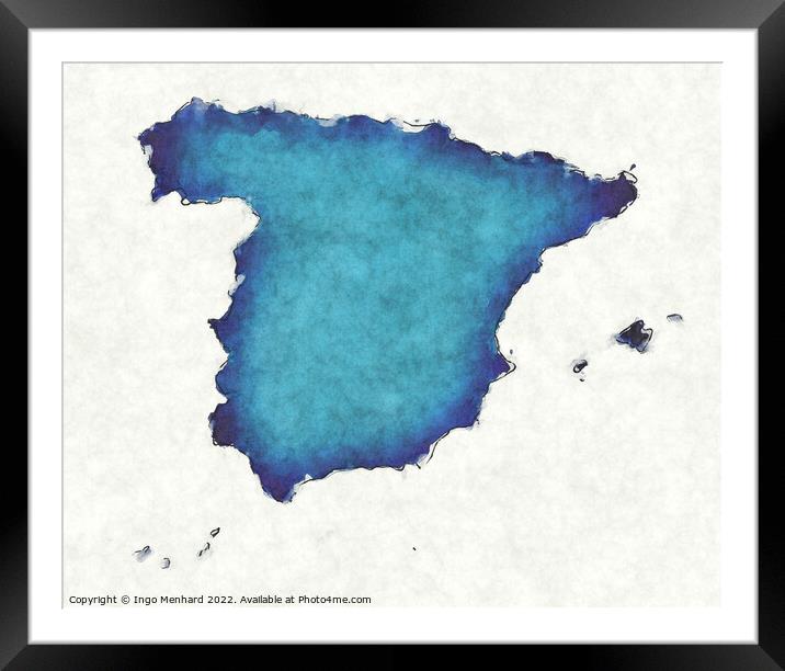 Spain map with drawn lines and blue watercolor illustration Framed Mounted Print by Ingo Menhard