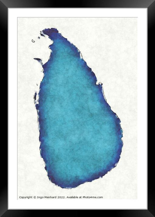 Sri Lanka map with drawn lines and blue watercolor illustration Framed Mounted Print by Ingo Menhard