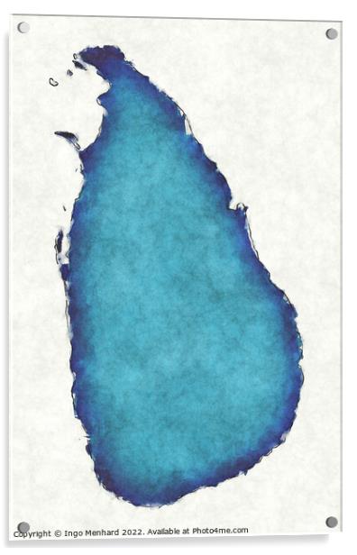 Sri Lanka map with drawn lines and blue watercolor illustration Acrylic by Ingo Menhard
