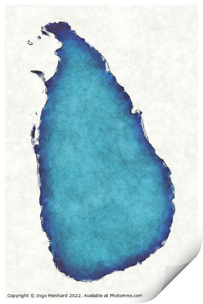 Sri Lanka map with drawn lines and blue watercolor illustration Print by Ingo Menhard