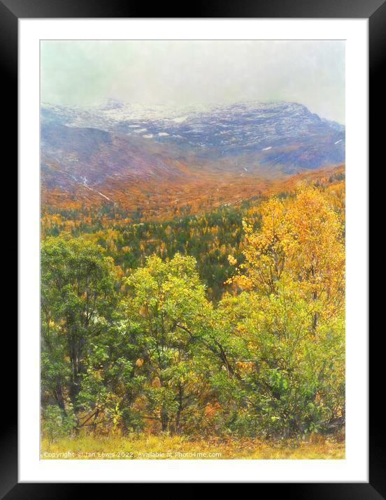 Autumnal Trees and Misty Mountains Framed Mounted Print by Ian Lewis