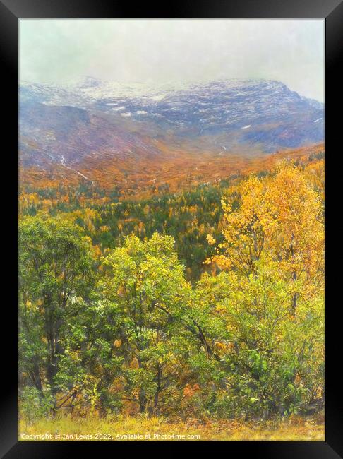 Autumnal Trees and Misty Mountains Framed Print by Ian Lewis