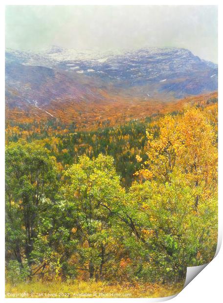 Autumnal Trees and Misty Mountains Print by Ian Lewis