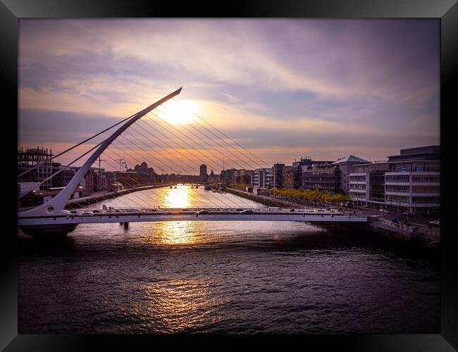 Samuel Beckett Bridge in Dublin at sunset - aerial view Framed Print by Erik Lattwein