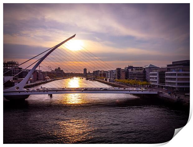 Samuel Beckett Bridge in Dublin at sunset - aerial view Print by Erik Lattwein