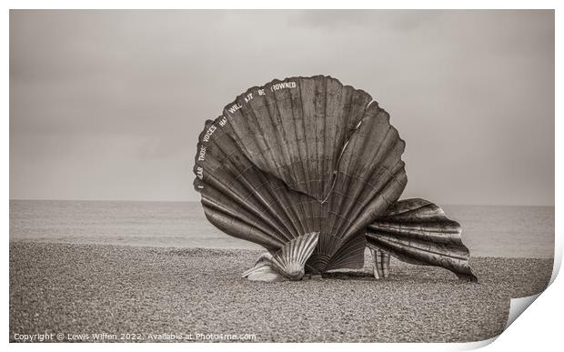 Scallop sculpture on a beach Print by Lewis Wiffen
