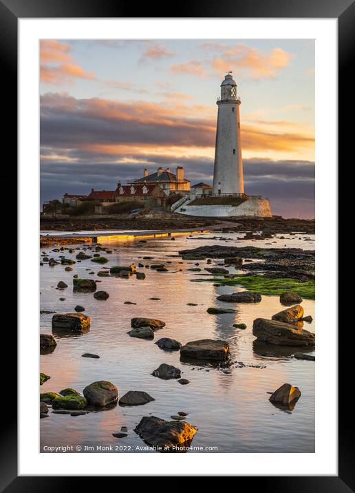 Sunrise at St Mary's Lighthouse. Framed Mounted Print by Jim Monk