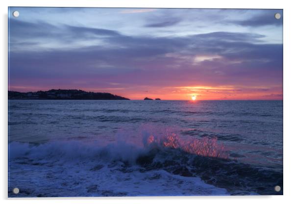 Fiery Waves Thatcher Rock Sunrise Acrylic by rawshutterbug 