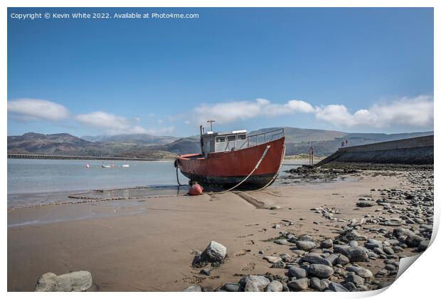 Old fishing boat Barmouth tide out Print by Kevin White