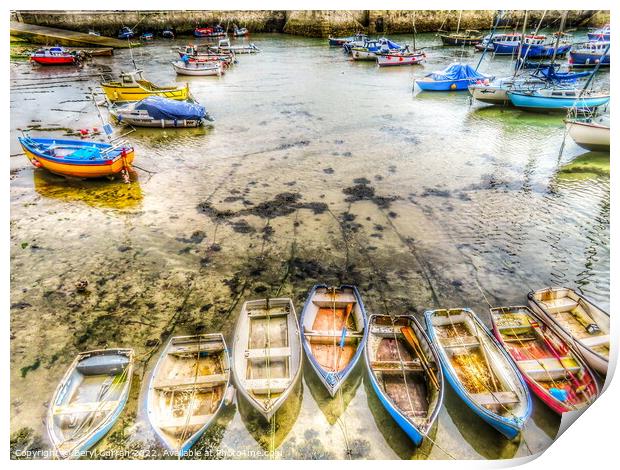 Tranquil Rowboats in Porthleven Harbour Print by Beryl Curran