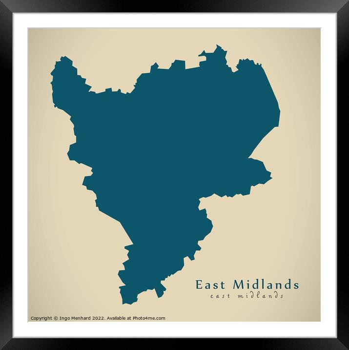 Modern Map - East Midlands UK design Framed Mounted Print by Ingo Menhard
