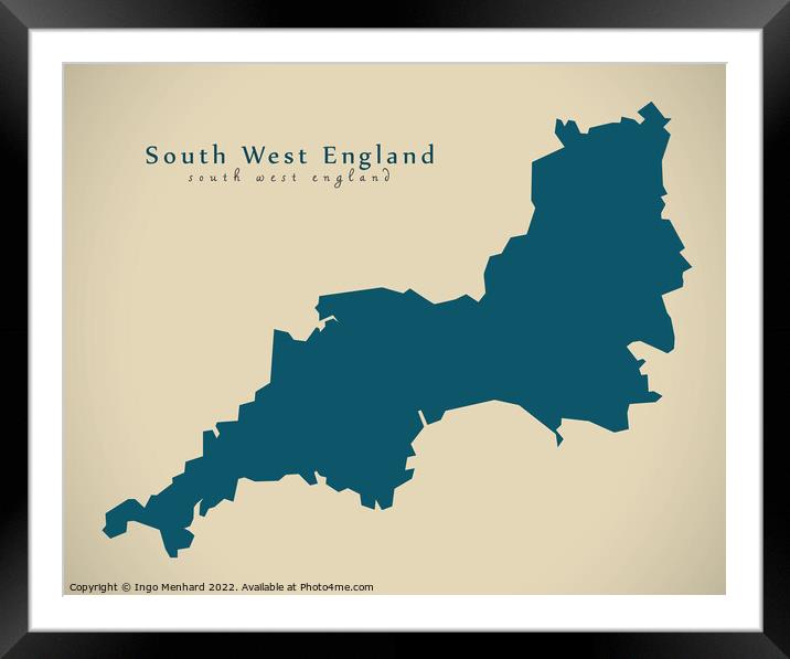 Modern Map - South West England UK design Framed Mounted Print by Ingo Menhard