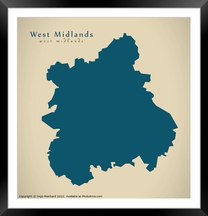 Modern Map - West Midlands UK design Framed Mounted Print by Ingo Menhard