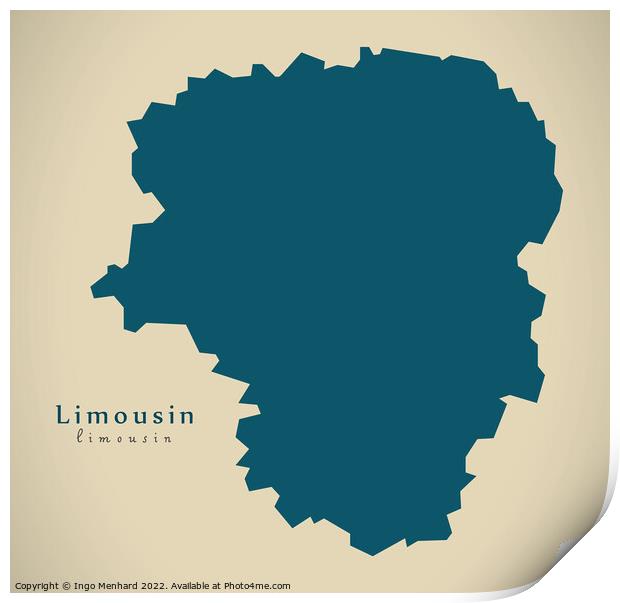 Modern Map - Limousin FR France Print by Ingo Menhard