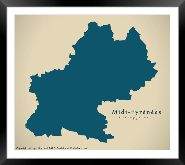Modern Map - Midi Pyrenees FR France Framed Mounted Print by Ingo Menhard