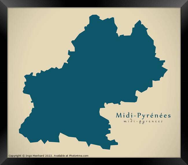 Modern Map - Midi Pyrenees FR France Framed Print by Ingo Menhard