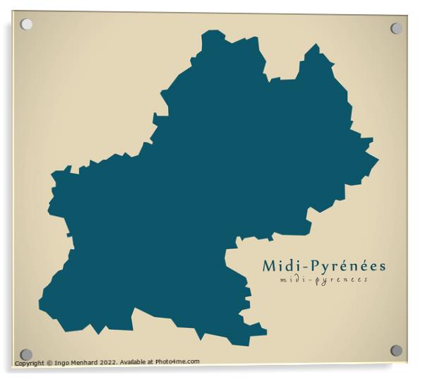 Modern Map - Midi Pyrenees FR France Acrylic by Ingo Menhard