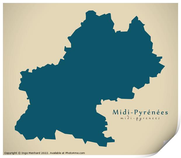 Modern Map - Midi Pyrenees FR France Print by Ingo Menhard