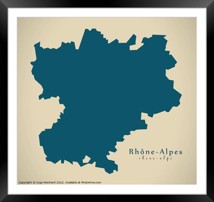 Modern Map - Rhone Alpes FR France Framed Mounted Print by Ingo Menhard