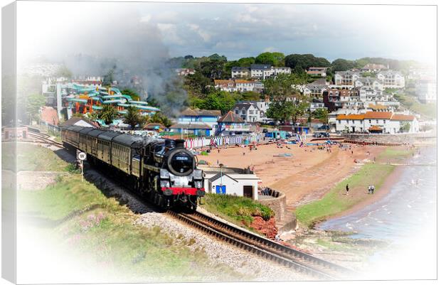 Steam train Braveheart passing Goodrington Beach Canvas Print by Rosie Spooner