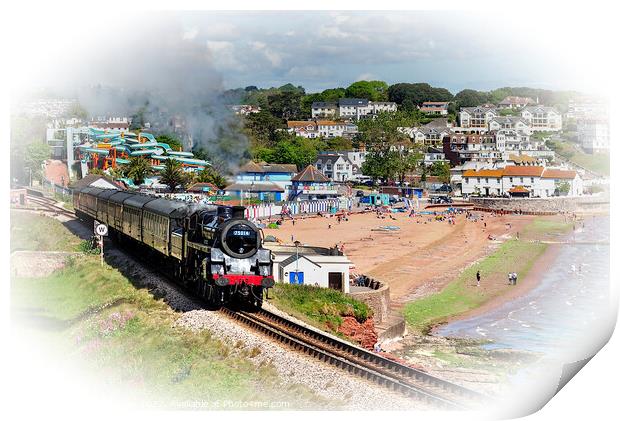Steam train Braveheart passing Goodrington Beach Print by Rosie Spooner
