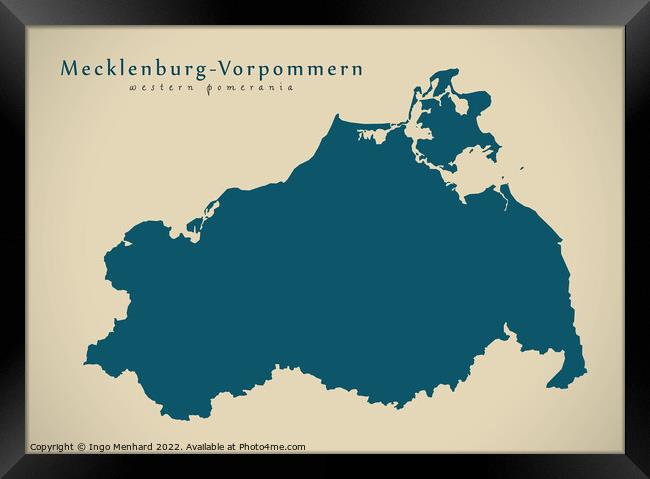 Modern Map - Mecklenburg-Vorpommern DE Framed Print by Ingo Menhard