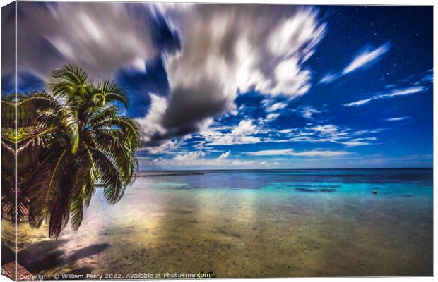 Moonlight Stars Clouds Night Reflection Blue Water Moorea Tahiti Canvas Print by William Perry
