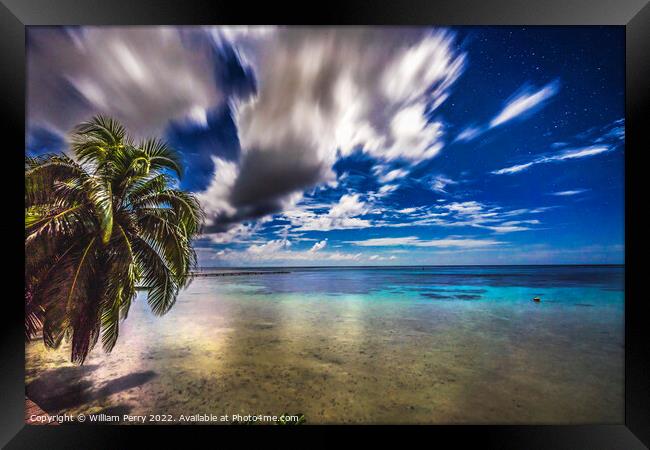 Moonlight Stars Clouds Night Reflection Blue Water Moorea Tahiti Framed Print by William Perry