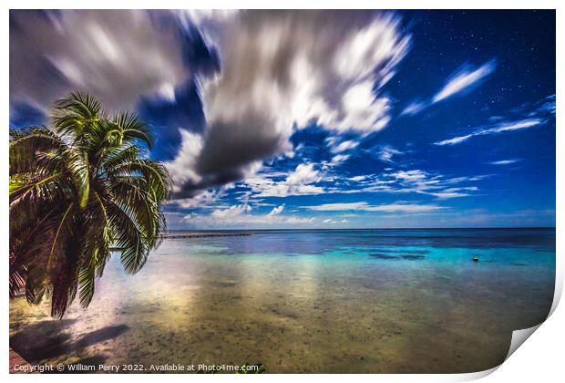 Moonlight Stars Clouds Night Reflection Blue Water Moorea Tahiti Print by William Perry