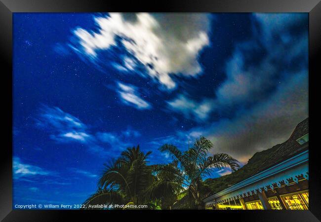 Moonlight Stars House Clouds Night Moorea Tahiti Framed Print by William Perry