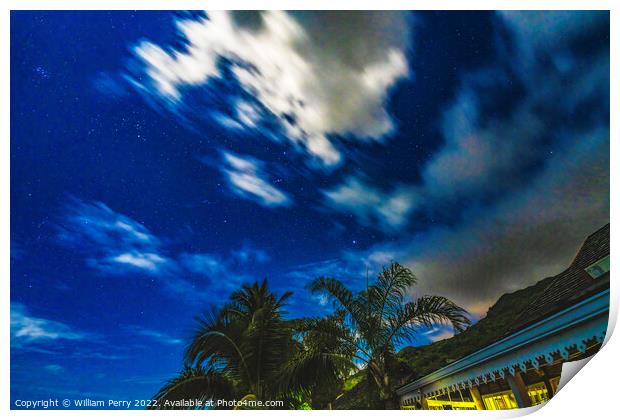 Moonlight Stars House Clouds Night Moorea Tahiti Print by William Perry