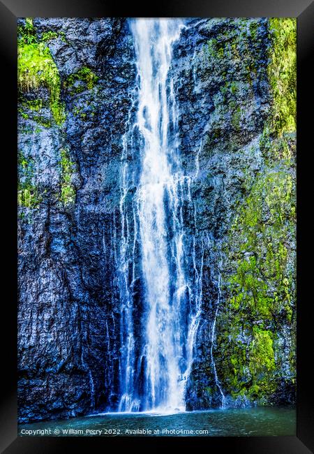 Colorful Tropical Faarumai Waterfalls Mountain Tahiti Island  Framed Print by William Perry