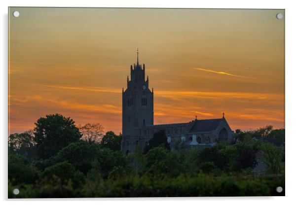 Sunset behind St Andrew's Church, Sutton-in-the-Isle, Cambs Acrylic by Andrew Sharpe