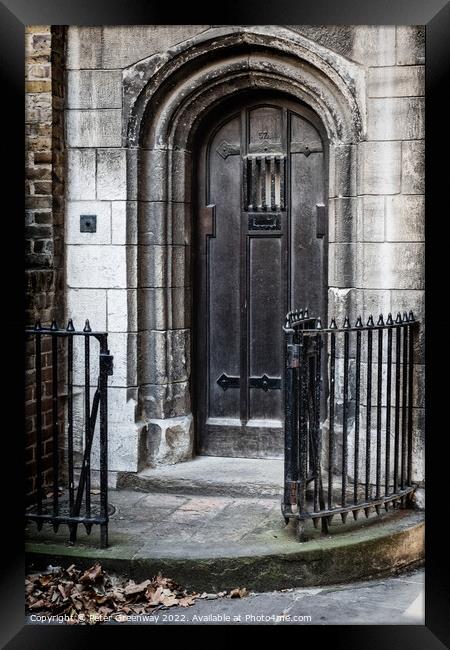 Interesting Medieval Door In The Courtyard Of Bartholomew The Great, London Framed Print by Peter Greenway