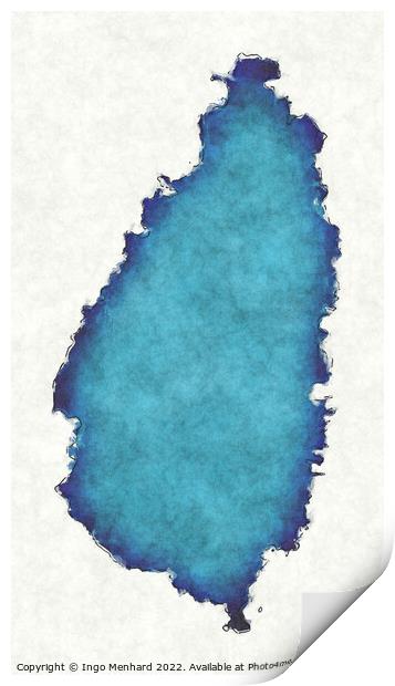St Lucia map with drawn lines and blue watercolor illustration Print by Ingo Menhard