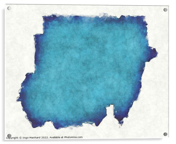 Sudan map with drawn lines and blue watercolor illustration Acrylic by Ingo Menhard