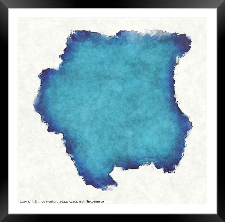 Suriname map with drawn lines and blue watercolor illustration Framed Mounted Print by Ingo Menhard