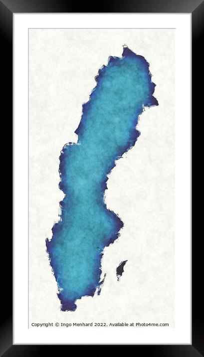 Sweden map with drawn lines and blue watercolor illustration Framed Mounted Print by Ingo Menhard