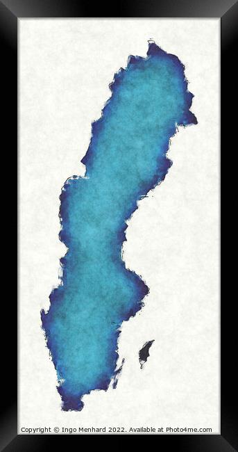 Sweden map with drawn lines and blue watercolor illustration Framed Print by Ingo Menhard