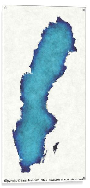 Sweden map with drawn lines and blue watercolor illustration Acrylic by Ingo Menhard