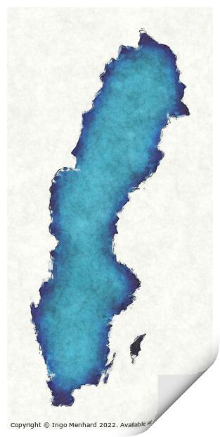 Sweden map with drawn lines and blue watercolor illustration Print by Ingo Menhard