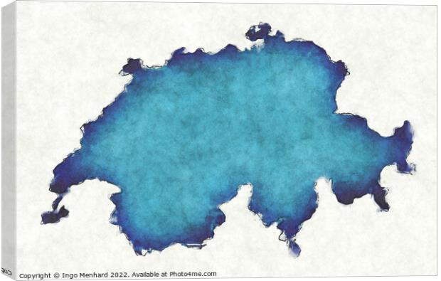 Switzerland map with drawn lines and blue watercolor illustratio Canvas Print by Ingo Menhard