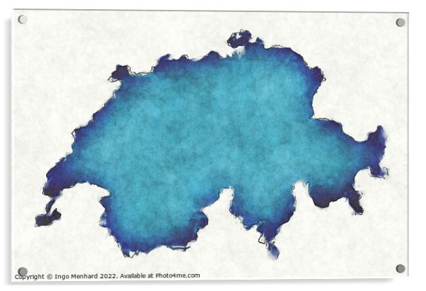 Switzerland map with drawn lines and blue watercolor illustratio Acrylic by Ingo Menhard
