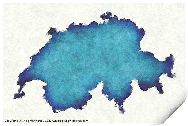 Switzerland map with drawn lines and blue watercolor illustratio Print by Ingo Menhard
