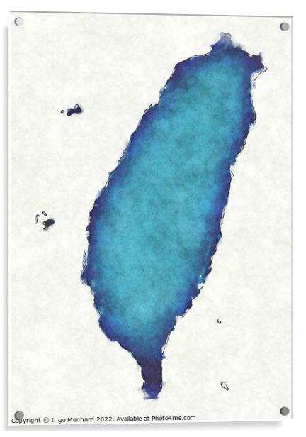 Taiwan map with drawn lines and blue watercolor illustration Acrylic by Ingo Menhard