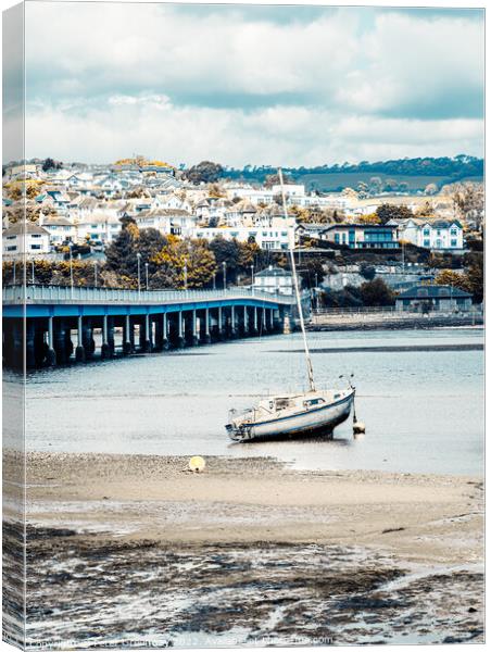Boats beached on the Teign River at low tide at Shaldon, Devon  Canvas Print by Peter Greenway